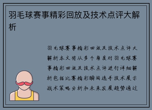 羽毛球赛事精彩回放及技术点评大解析