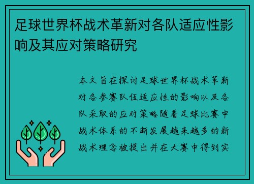 足球世界杯战术革新对各队适应性影响及其应对策略研究