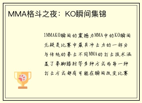 MMA格斗之夜：KO瞬间集锦