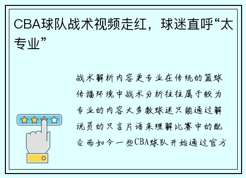 CBA球队战术视频走红，球迷直呼“太专业”